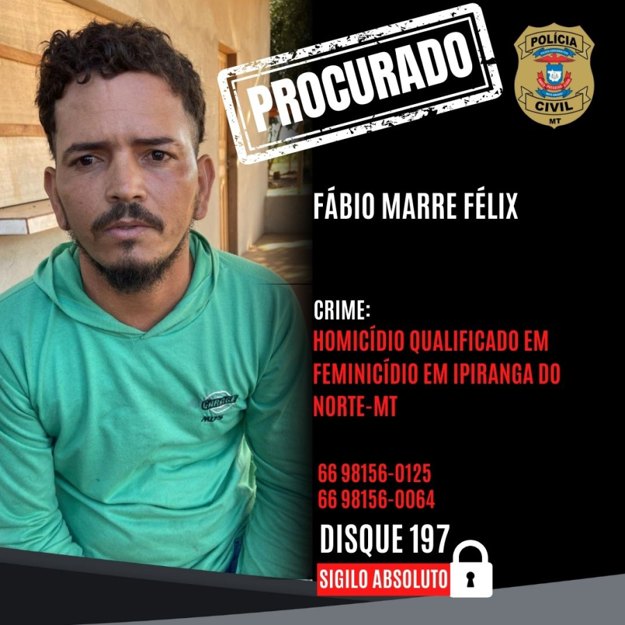 A Polícia Civil de Mato Grosso procura pelo autor de um crime de homicídio qualificado